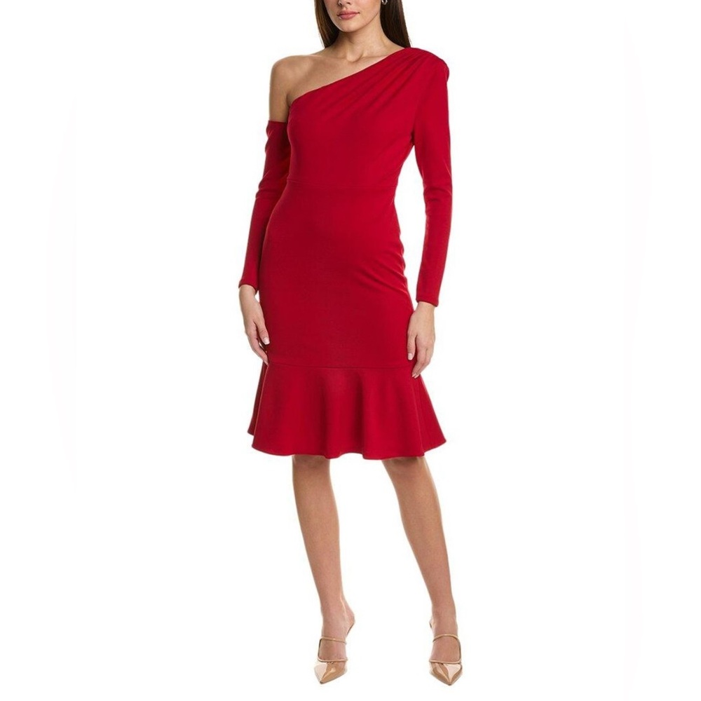 Laundry By Shelli Segal Asymmetrical Neck Long Sleeve Red Midi Dress Size 4